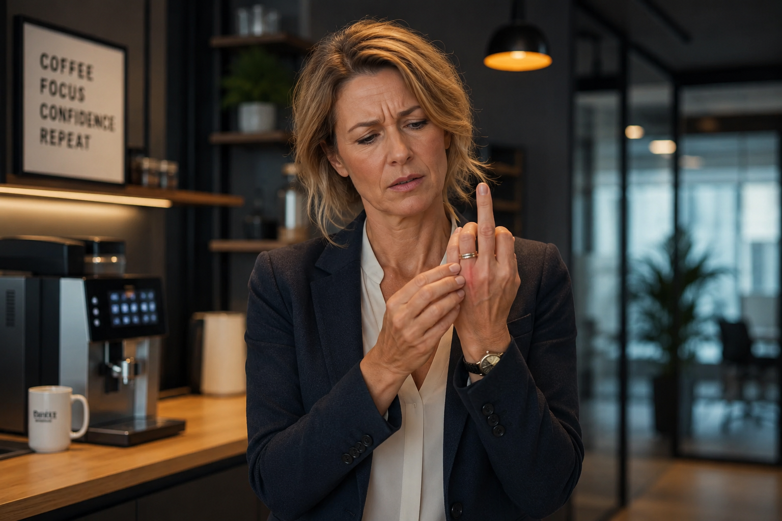 Woman holding a painful finger joint during midlife