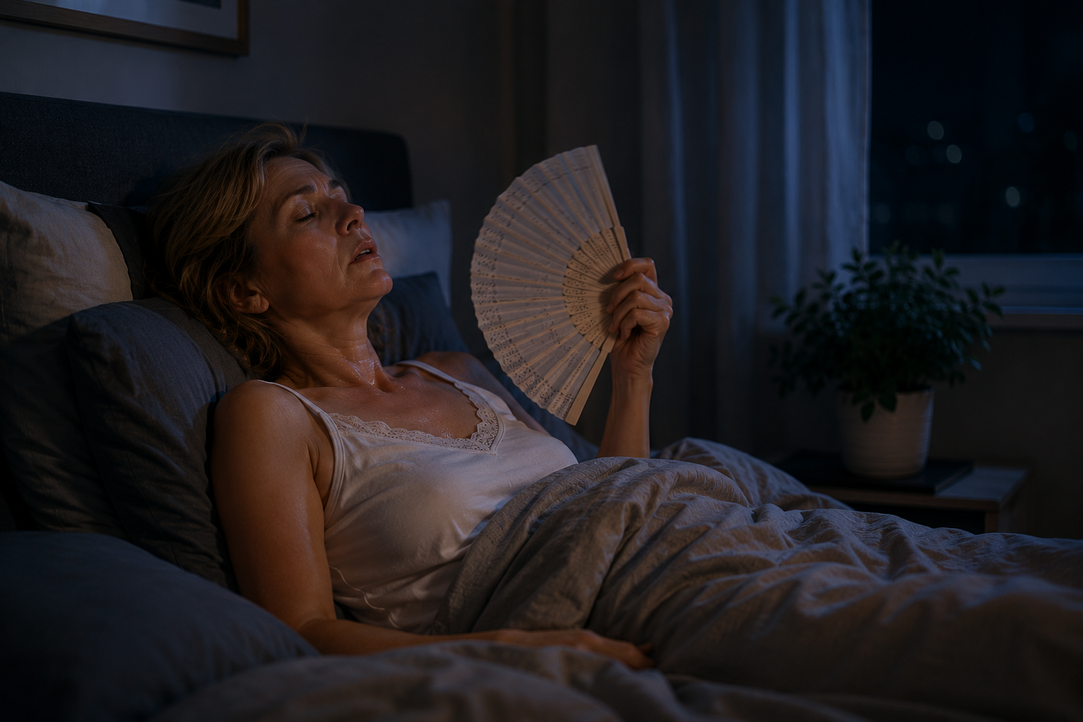 Woman awake at night during a menopausal night sweat