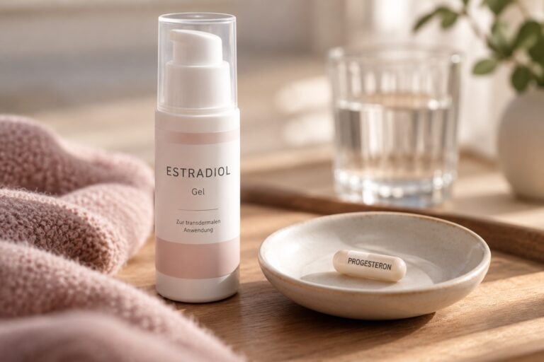 Neutrale Darstellung einer Estradiol-Gelflasche und einer Progesteron-Kapsel auf einem Tisch